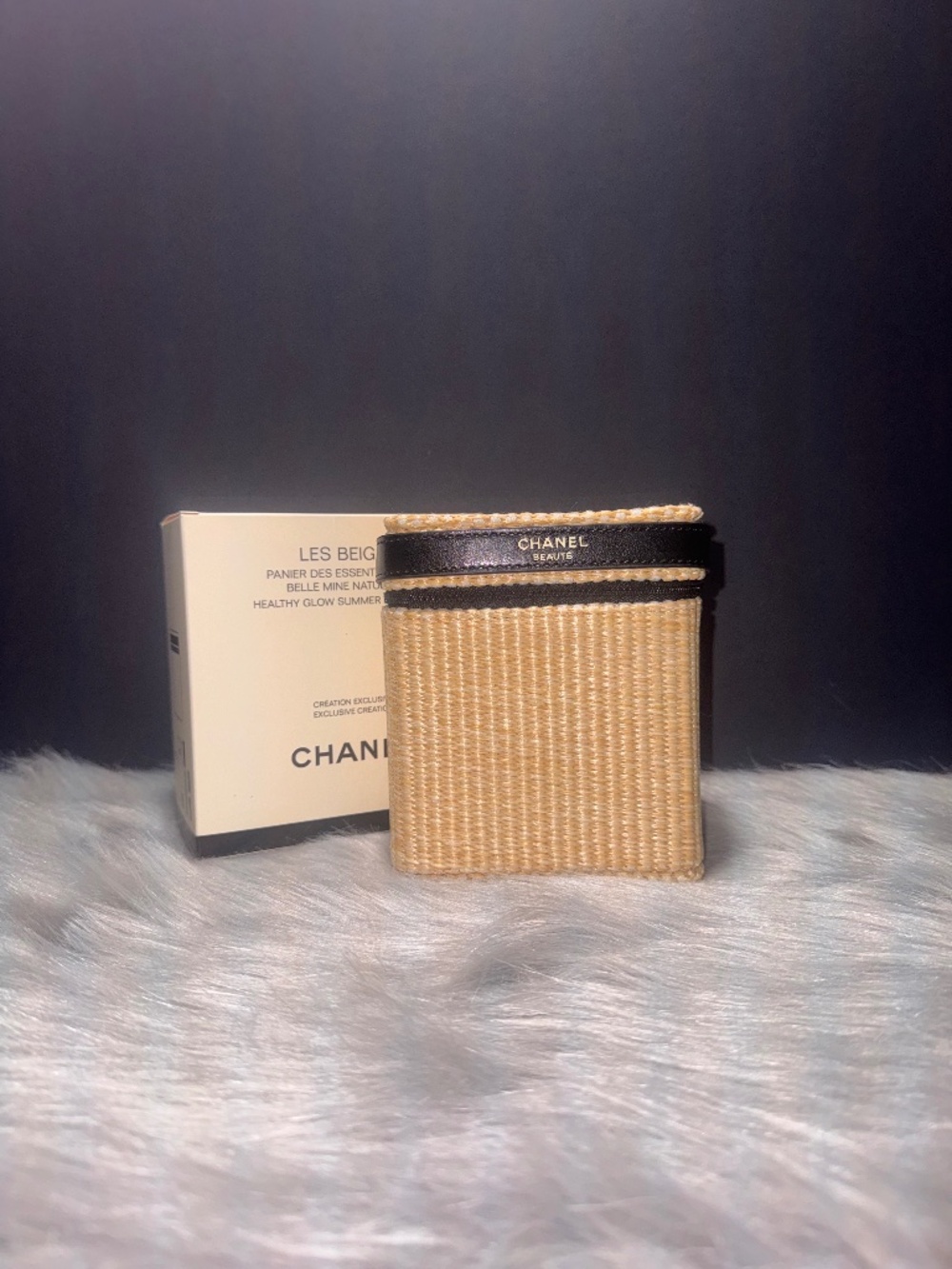 Les Beiges Panier Woven Cosmetic Case in Natural Beige with Black Trim~NIB